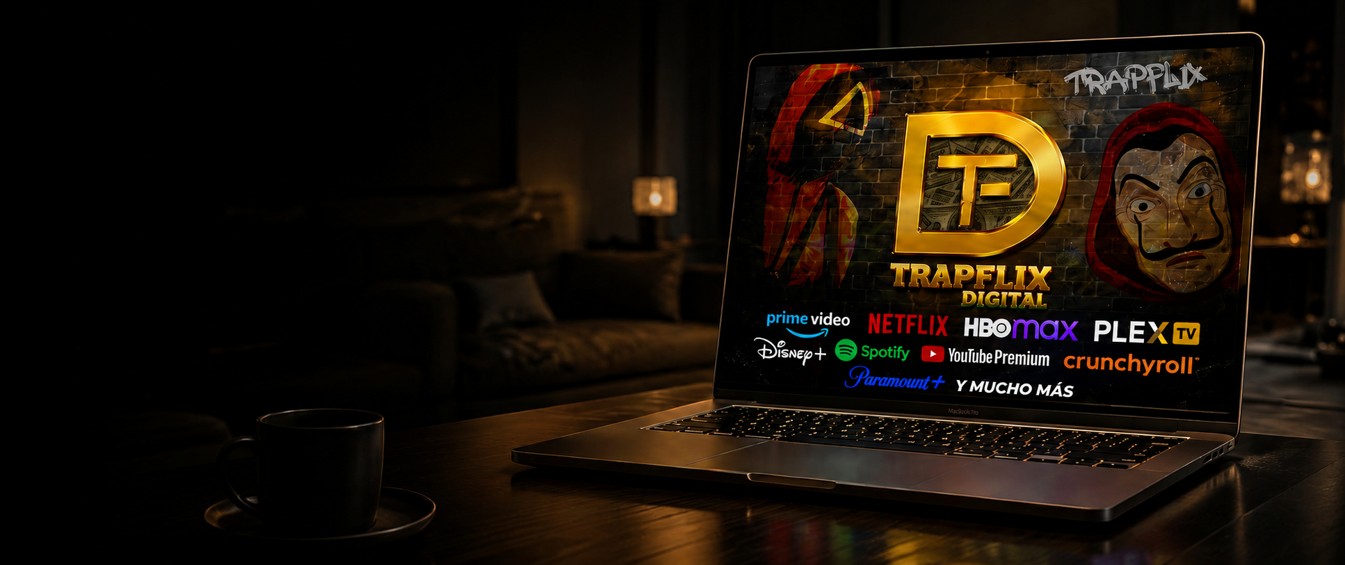Portátil mostrando el arte de TrapFlix Digital con logos de plataformas de streaming